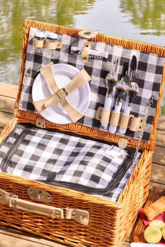 Perotti Cestino Italy 4 Kişilik Hasır,Siyah Ekose Astarlı Cooler,Aksesuar Sepeti Taşınabilir Piknik Sepeti