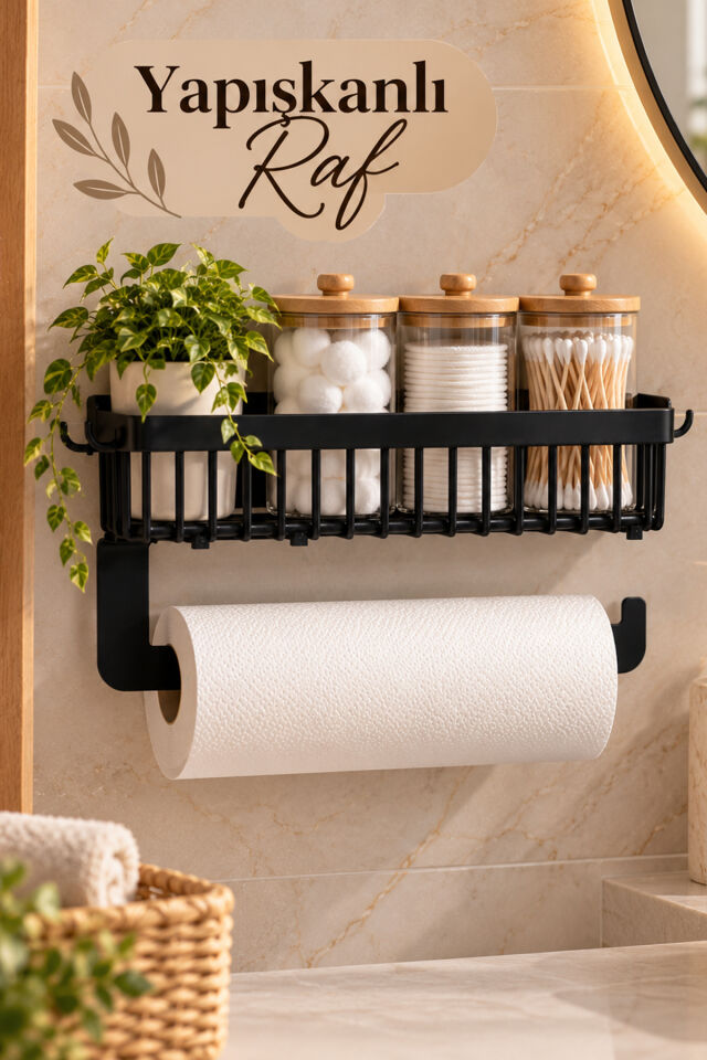 161244-010 Yapışkanlı Siyah Metal Mutfak ve Banyo Rafı ve Kağıt Havluluklu Mutfak-Banyo Düzenleyici