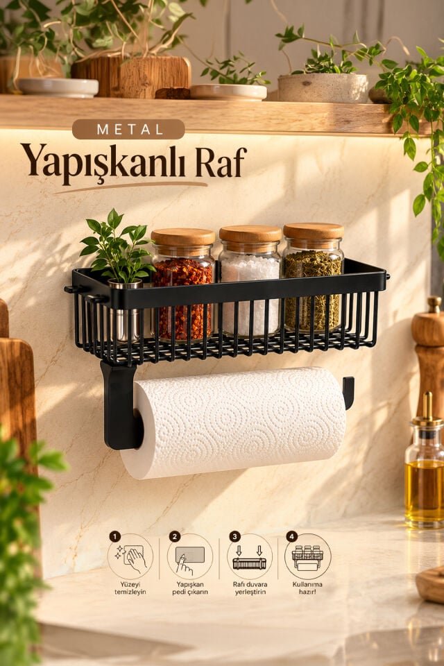 161244-010 Yapışkanlı Siyah Metal Mutfak ve Banyo Rafı ve Kağıt Havluluklu Mutfak-Banyo Düzenleyici
