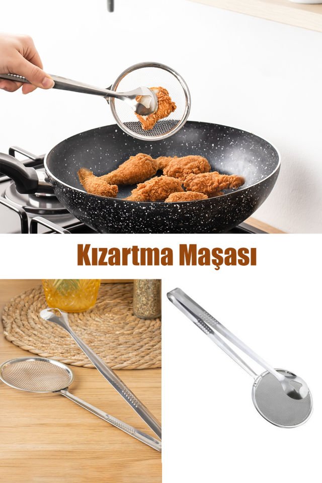 Porsima Kızartma Maşası Paslanmaz Çelik Süzgeçli Maşa Kızartma Ve Haşlama Maşası Kevgiri - 29 cm
