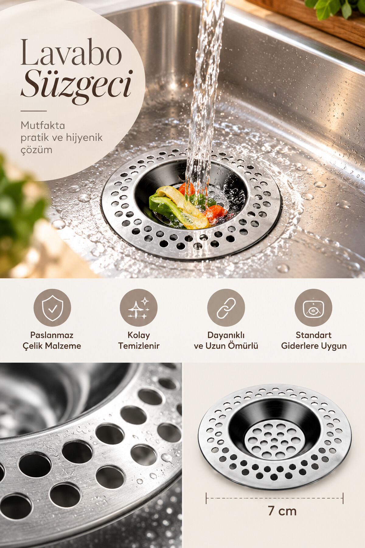 Porsima  SD-678  Paslanmaz Çelik Lavabo Süzgeci- Evye Süzgeci-7 cm