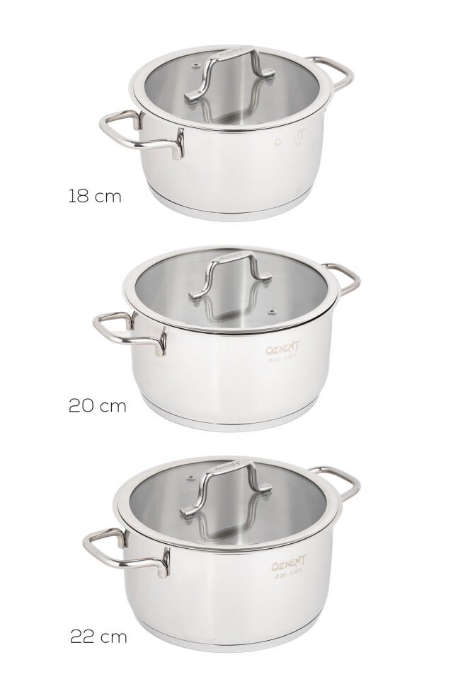 Özkent K-416 Gurme 3lü Paslanmaz Çelik 6 Parça Derin Tencere Seti 18-20-22cm