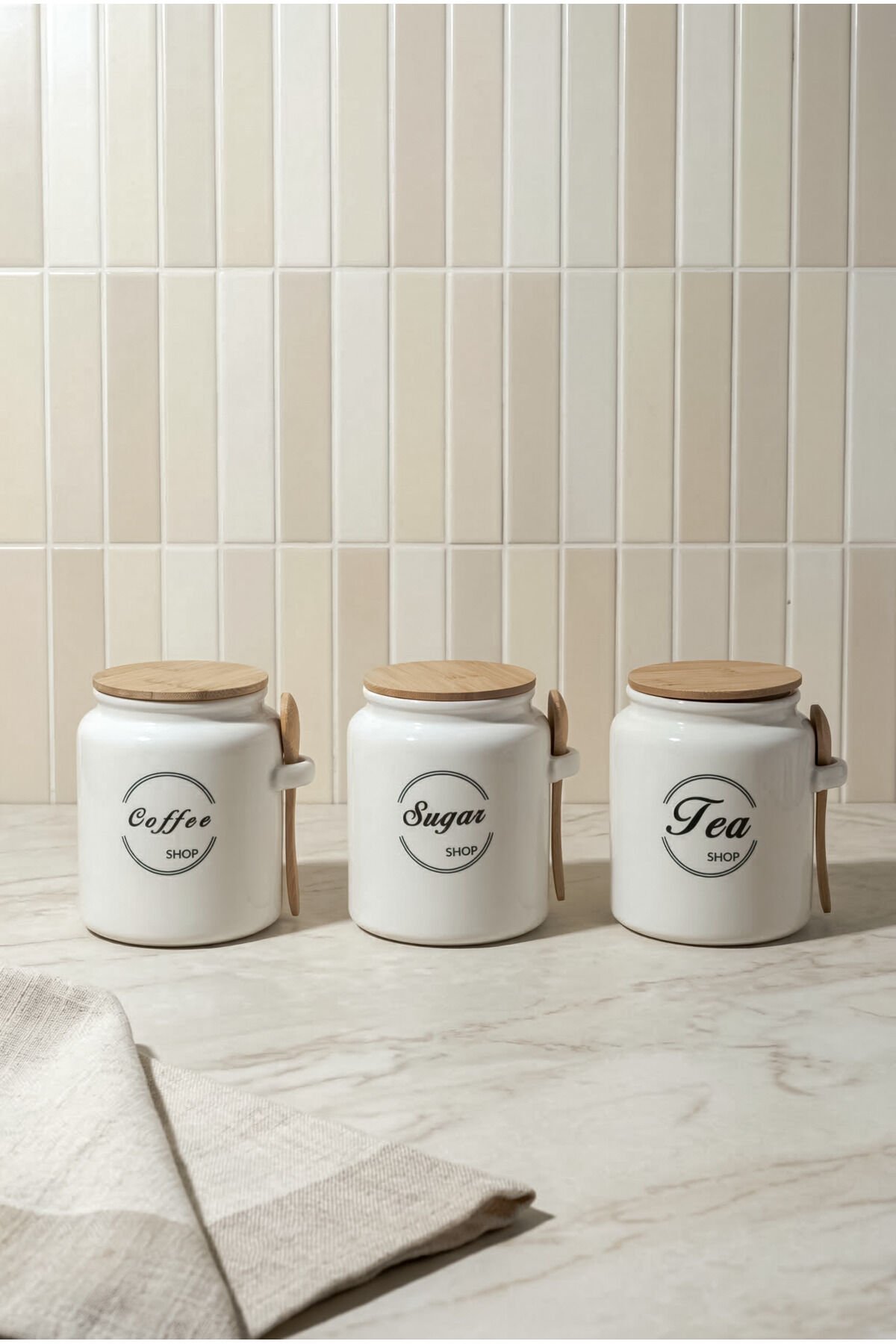 Perotti Modern 3'lü Kaşıklı Kavanoz Seti Bone Porselen Vakum Kapaklı Saklama Kabı