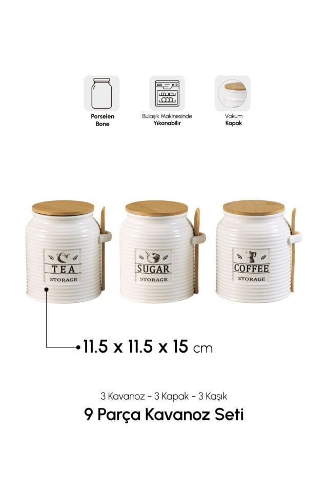 Perotti Modern 3'lü Kaşıklı Kavanoz Seti Bone Porselen Çok Amaçlı Mutfak Organizeri