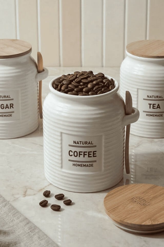 Perotti Modern 3'lü Kaşıklı Kavanoz Seti Bone Porselen Çok Amaçlı Mutfak Organizeri