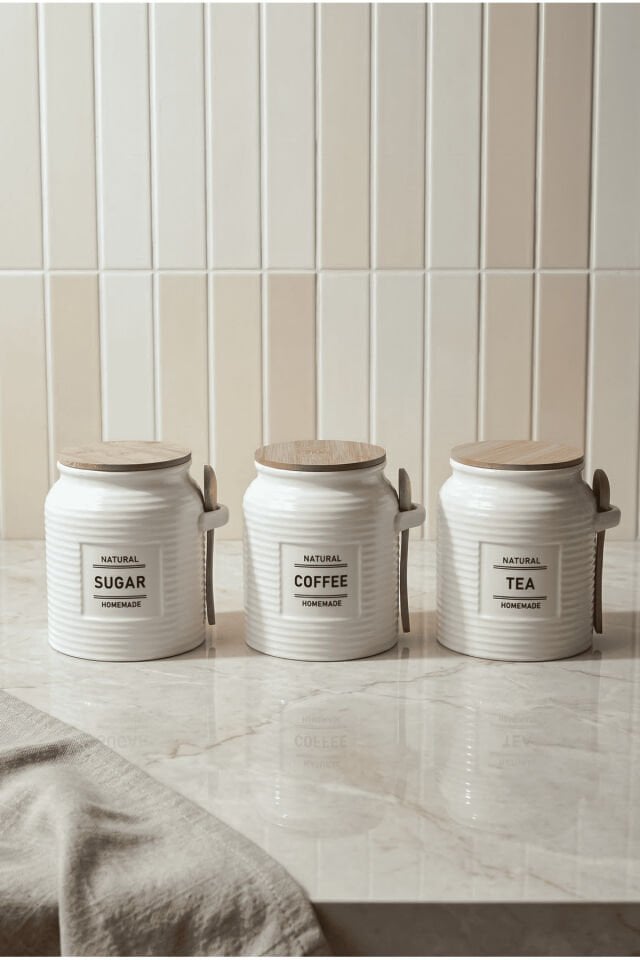 Perotti Modern 3'lü Kaşıklı Kavanoz Seti Bone Porselen Çok Amaçlı Mutfak Organizeri