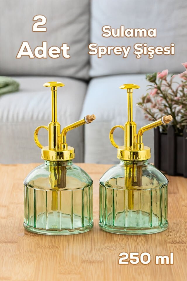 Perotti 15733 2li Yeşil Vintage Cam Bitki Sulama Şişesi Oda Kokusu Dağıtıcı Cam Dağıtıcı Sprey Yağlık 250ml