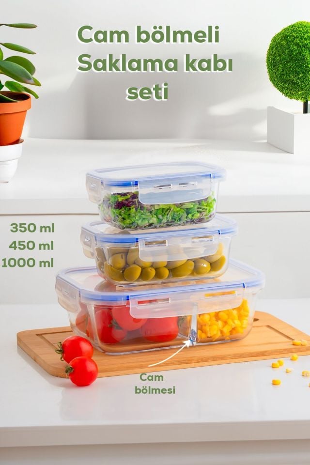 Porsima Por 3lü Kilitli Kapaklı Gıda Erzak Kahvaltılık Cam Bölmeli Saklama Kabı Seti
