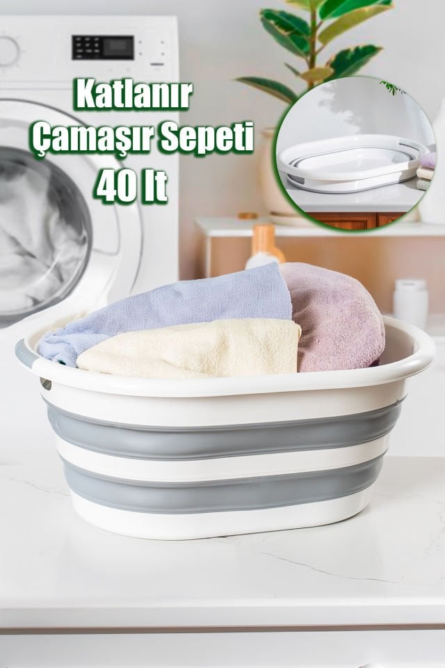 Porsima LA-550 Katlanabilir Çamaşır Sepeti Akordiyon Katlanır Sele Sepet Silikon Çamaşır Sepeti 40lt