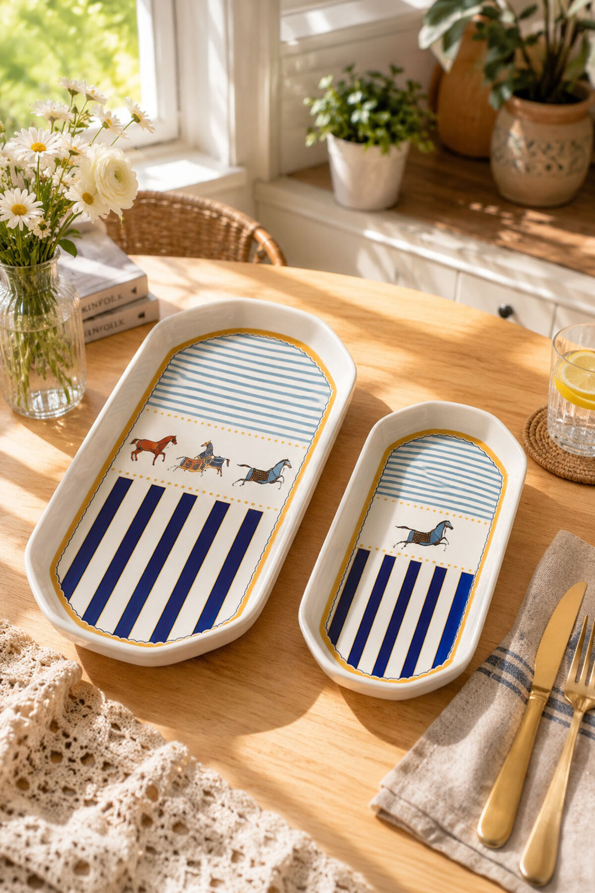 Porsima Horse Porselen 2li Kayık Tabak Seti - Oval Kahvaltılık Sunumluk Seti