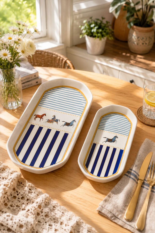 Porsima Horse Porselen 2li Kayık Tabak Seti - Oval Kahvaltılık Sunumluk Seti