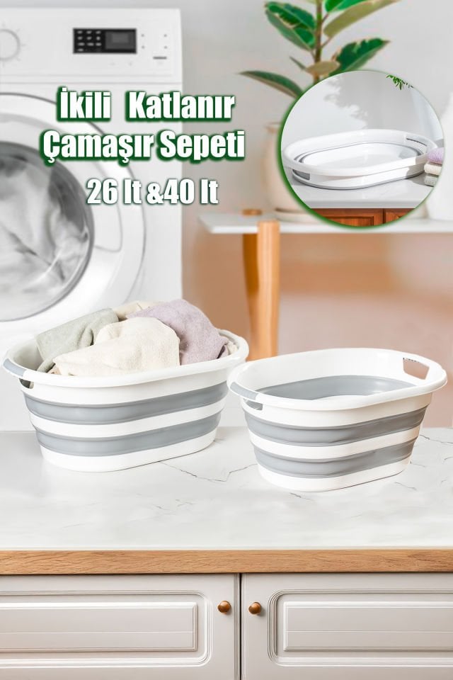 Porsima LA-550 2 li Katlanabilir Çamaşır Sepeti Akordiyon Katlanır Sele Sepet Silikon Çamaşır Sepeti