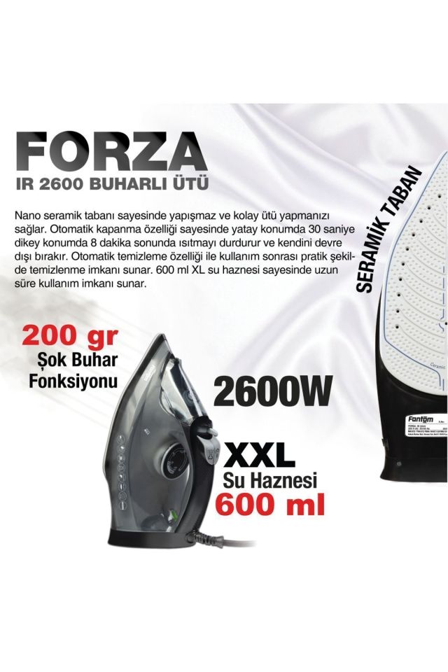 Fantom Forza 2600 Watt Seramik Tabanlı 200 gr Şok Buharlı Ütü
