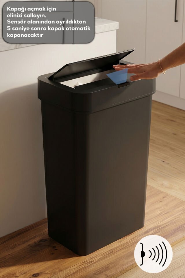 Porsima Me-05-1 Hareket Sensörlü Sessiz Kapatma Çöp Kutusu Banyo Mutfak Çöp Kovası Kapaklı Banyo Çöp Kovası 2 adet AA Pil Siyah 50LT
