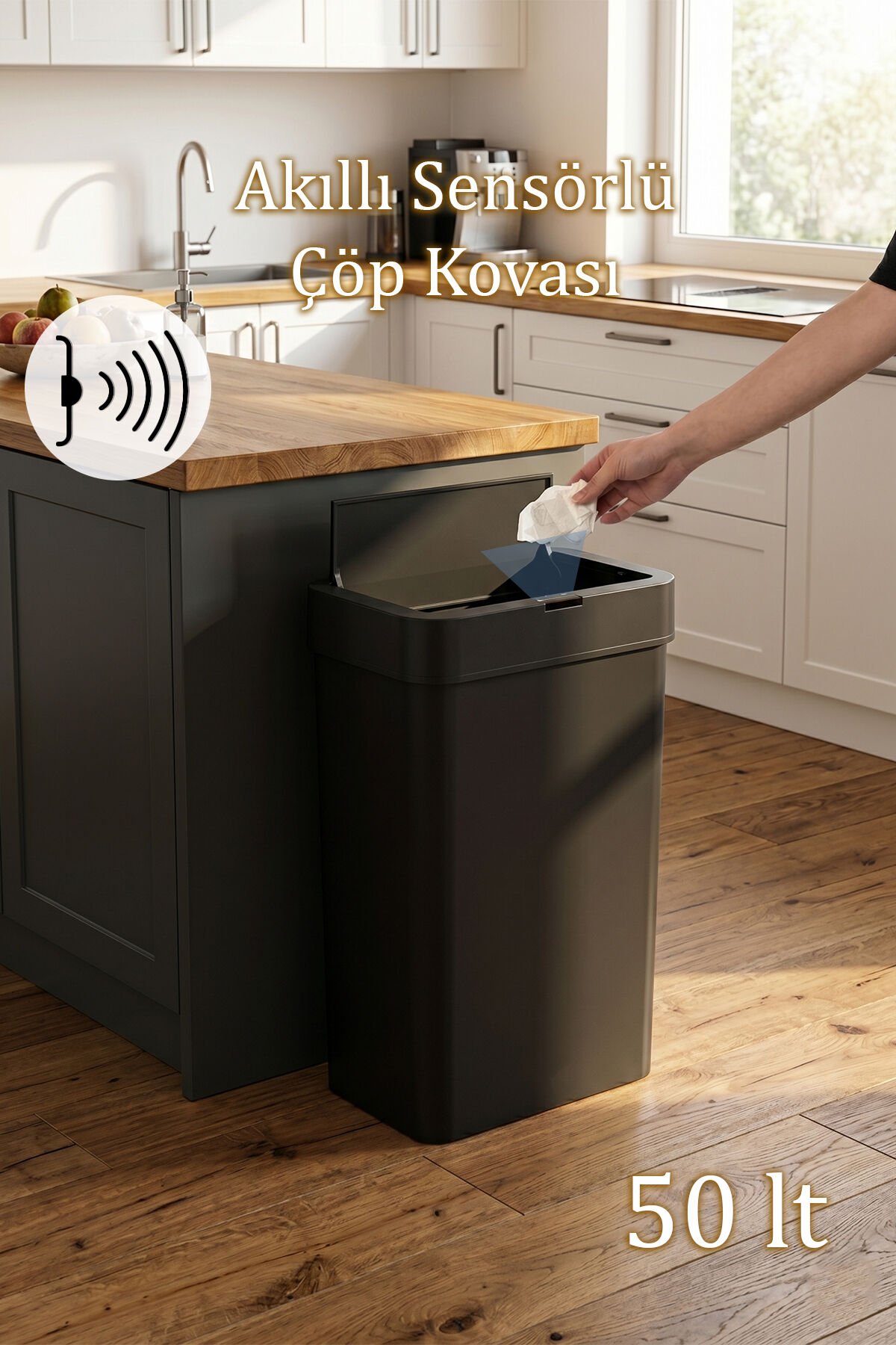 Porsima Me-05-1 Hareket Sensörlü Sessiz Kapatma Çöp Kutusu Banyo Mutfak Çöp Kovası Kapaklı Banyo Çöp Kovası 2 adet AA Pil Siyah 50LT