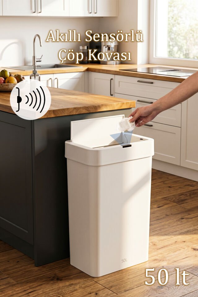 Porsima Me-05 Hareket Sensörlü Sessiz Kapatma Çöp Kutusu Banyo Mutfak Çöp Kovası Kapaklı Banyo Çöp Kovası 2 adet AA Pil Beyaz 50LT