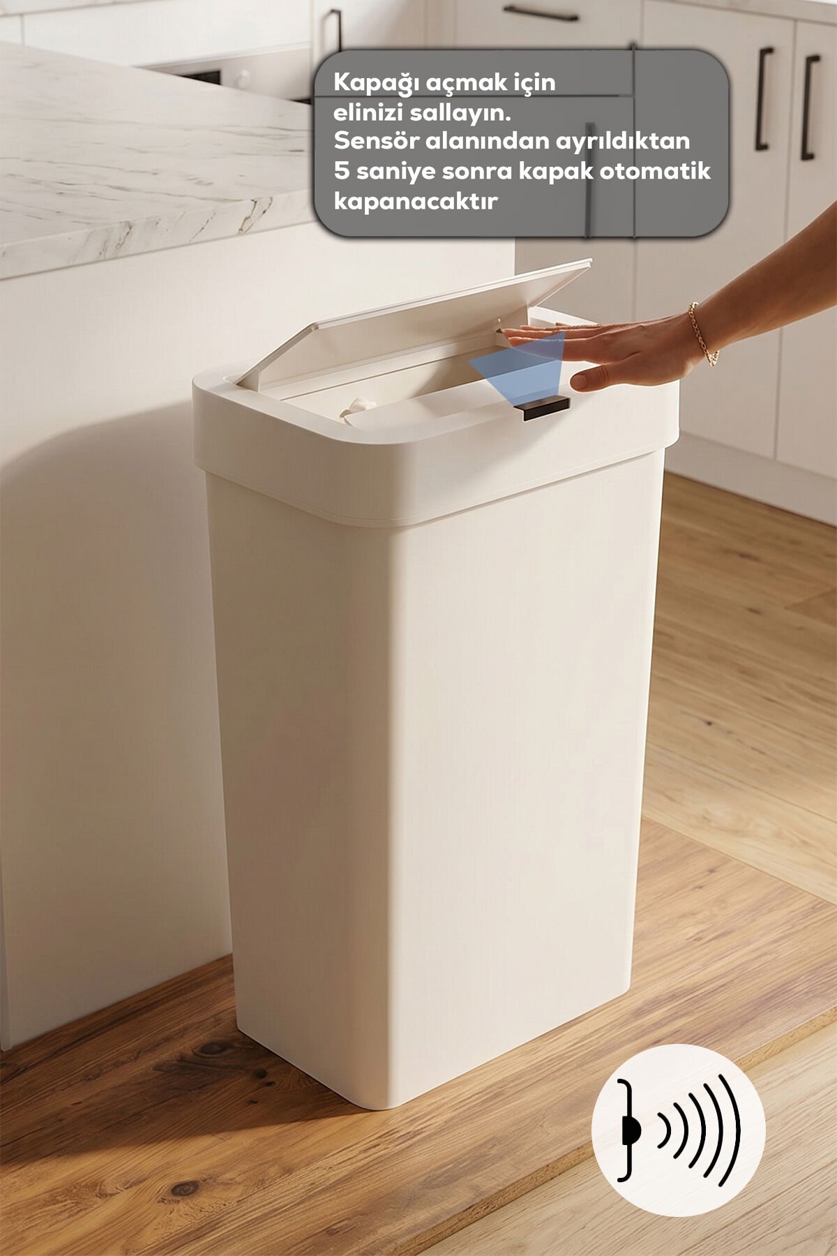 Porsima Me-05 Hareket Sensörlü Sessiz Kapatma Çöp Kutusu Banyo Mutfak Çöp Kovası Kapaklı Banyo Çöp Kovası 2 adet AA Pil Beyaz 50LT