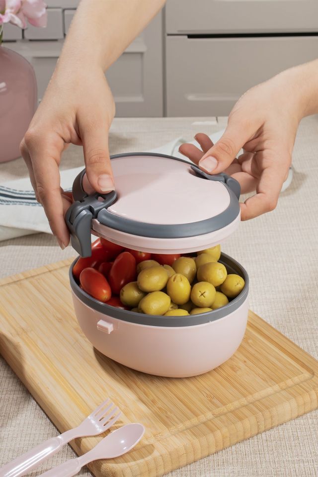 Porsima L-00691 Joy Kendinden Kaşık Çatallı Bölmeli 2 Katlı Beslenme Çantası Saklama Kutusu Pudra