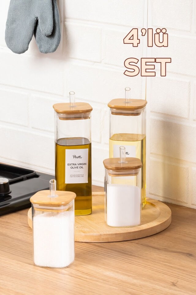Perotti Cubes Borosilikat 4lü Pratik Mutfak Seti Bambu Kapak-Yağlık Sosluk Sirkelik Şekerlik
