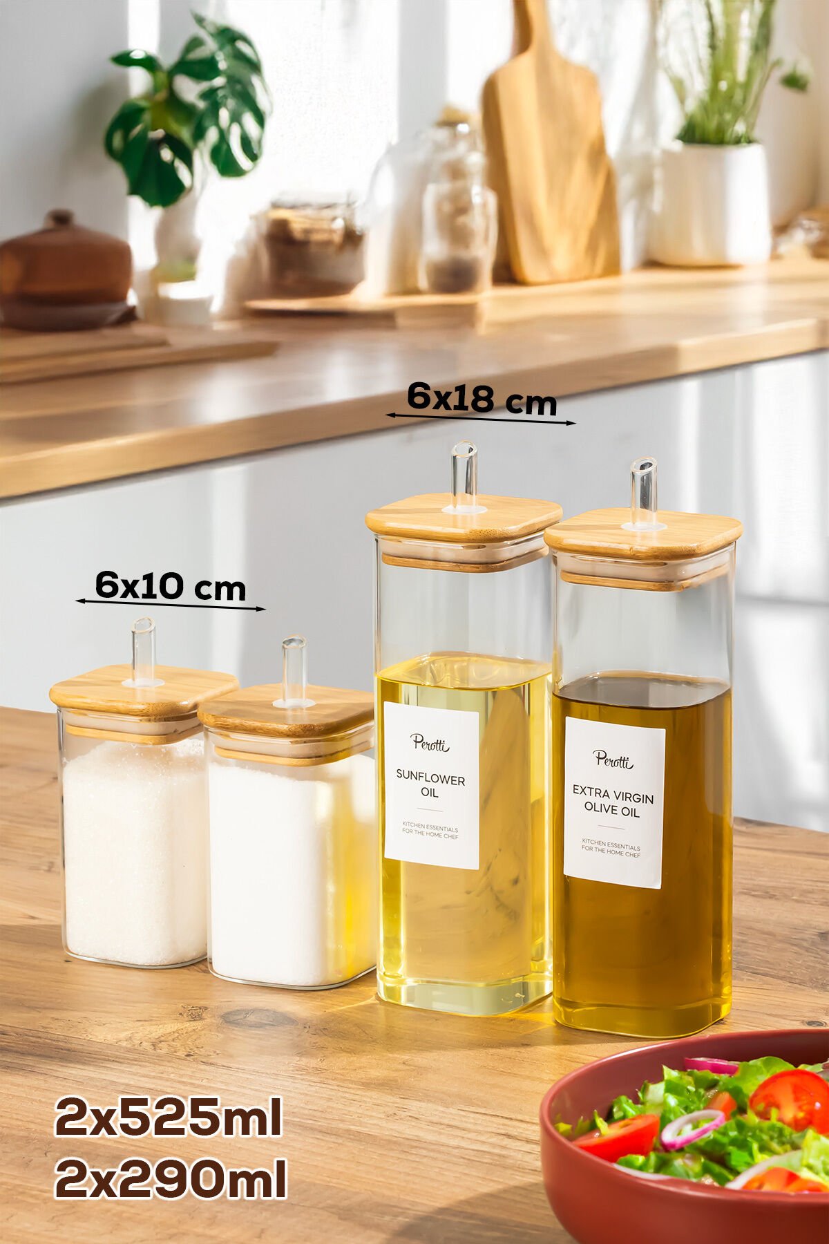 Perotti Cubes Borosilikat 4lü Pratik Mutfak Seti Bambu Kapak-Yağlık Sosluk Sirkelik Şekerlik