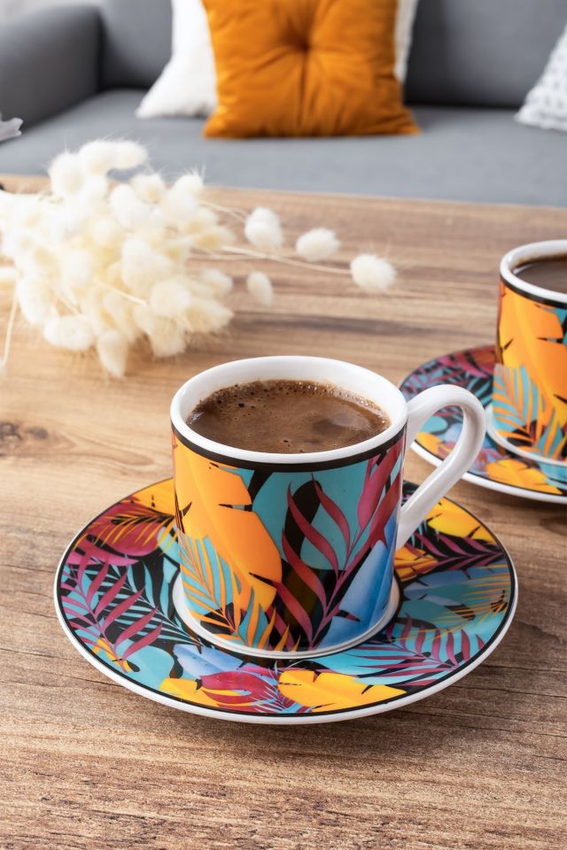 Porsima TE-156 Exotic 6 Kişilik Renkli Porselen Türk Kahvesi Fincan Takımı - 12 Parça