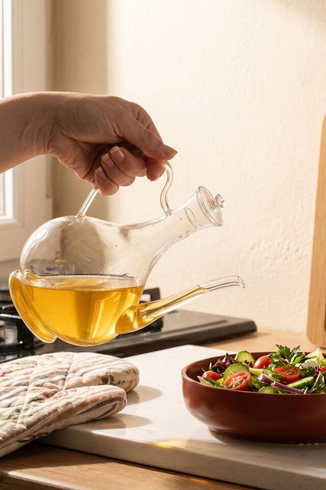 Porsima 5323 2li Borosilikat Cam İbrik Model Zeytinyağ Şişesi Takımı - 2li Yağlık ve Sirkelik Seti 750ml+750ml