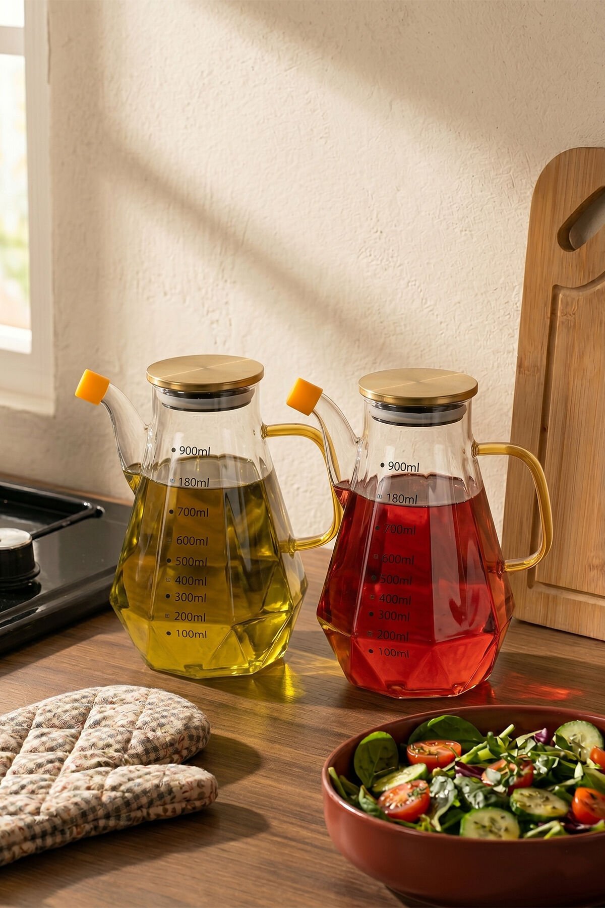 Porsima Yh003 2li Metal Kapaklı Vakumlu Ölçekli Borosilikat Cam Yağdanlık Takımı - Sızdırmaz Yağlık Sirkelik Seti 900ml+900ml