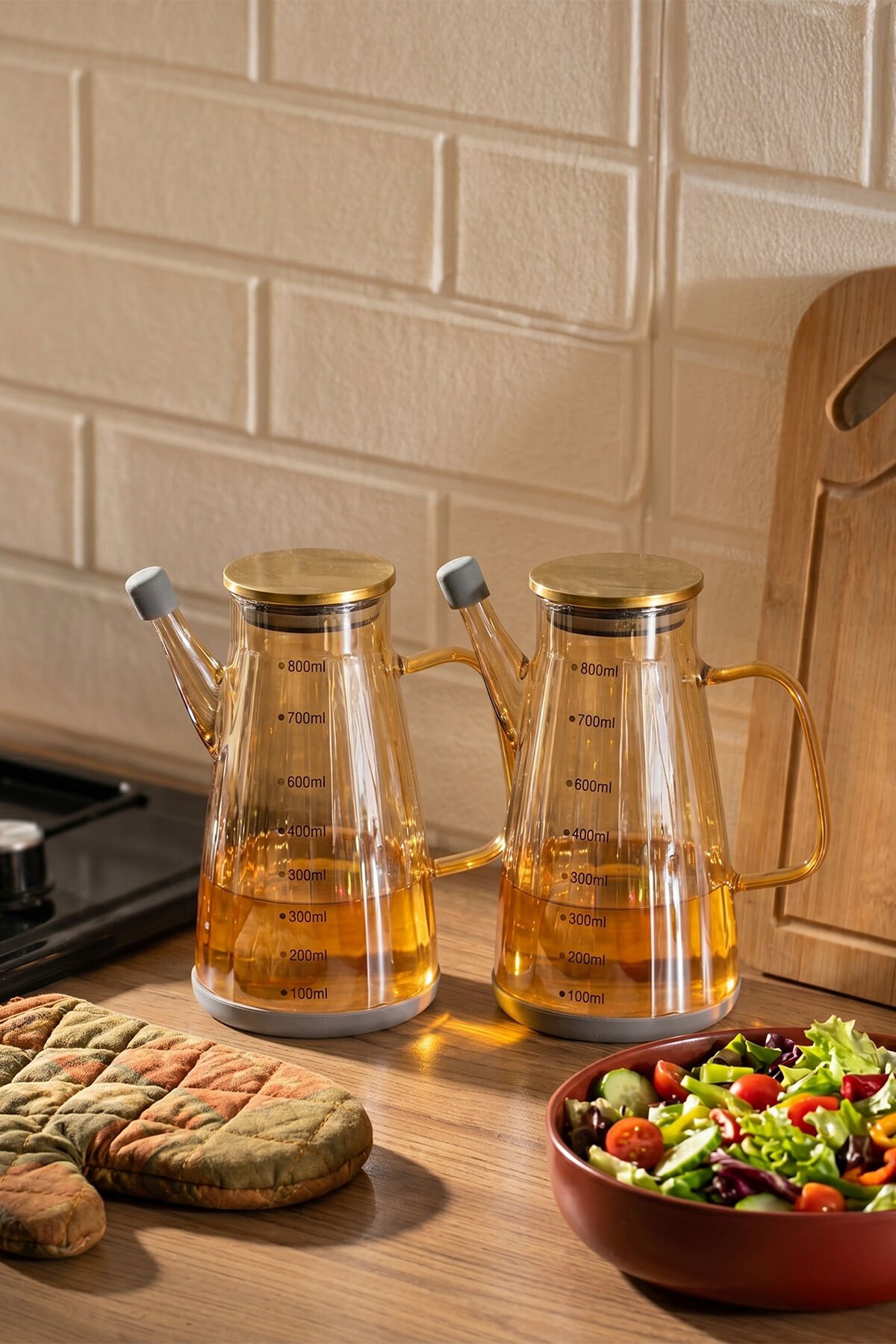 Porsima Yh009-D01 2li Metal Kapaklı Vakumlu Ölçekli Borosilikat Renkli Cam Yağdanlık Takımı - Sızdırmaz Yağlık Sirkelik Seti 800ml+800ml