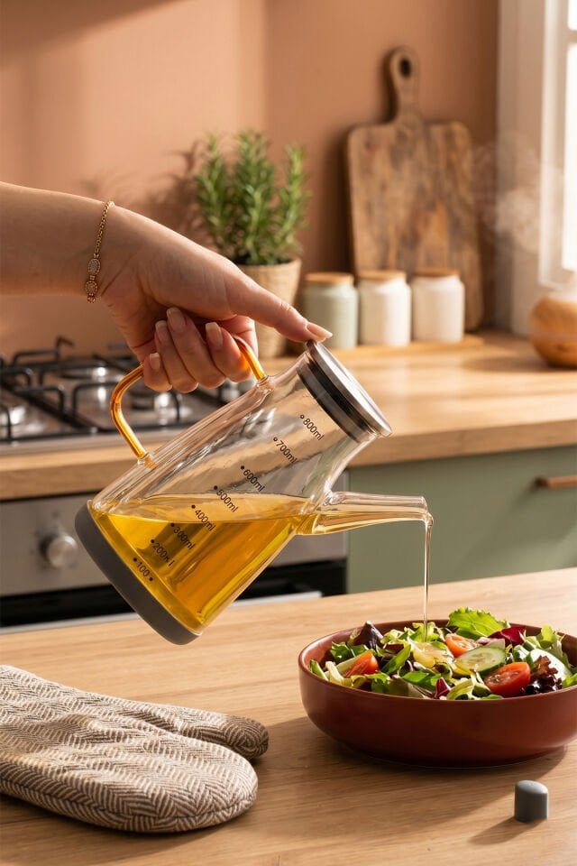 Porsima Yh009-D02 2li Metal Kapaklı Vakumlu Ölçekli Borosilikat Cam Yağdanlık Takımı - Sızdırmaz Yağlık Sirkelik Seti 800ml+800ml