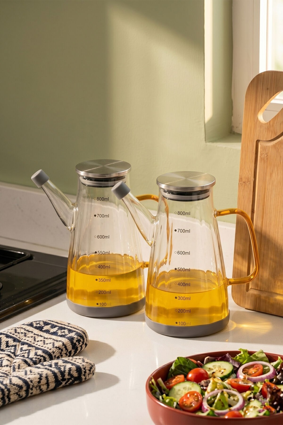 Porsima Yh009-D02 2li Metal Kapaklı Vakumlu Ölçekli Borosilikat Cam Yağdanlık Takımı - Sızdırmaz Yağlık Sirkelik Seti 800ml+800ml