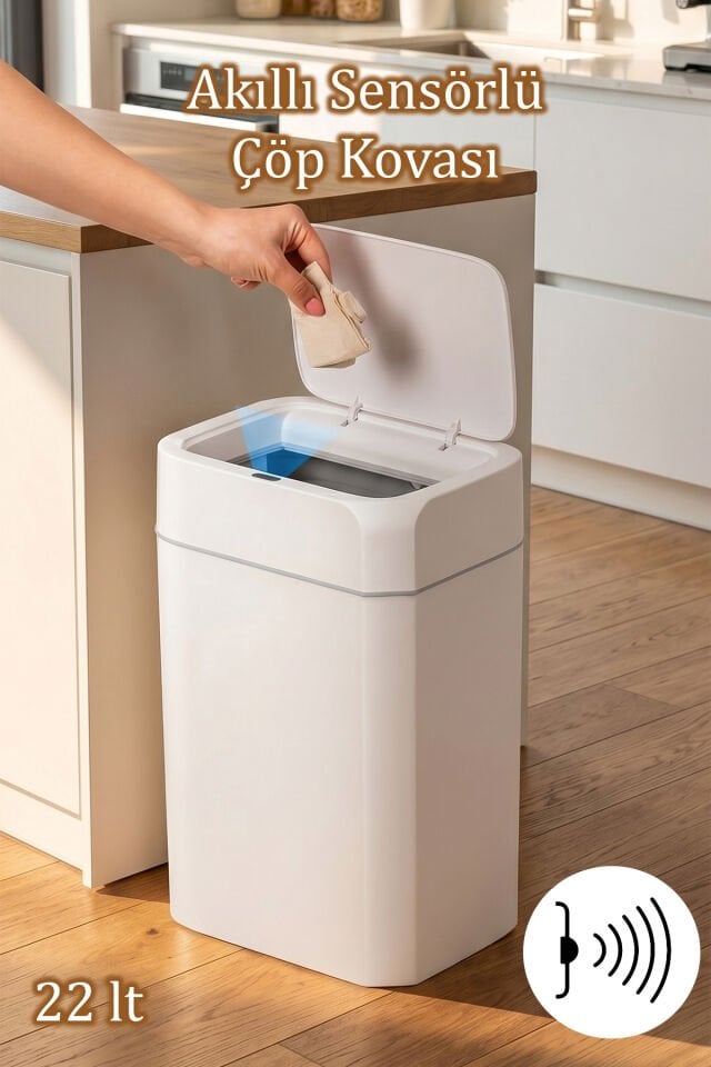 Porsima Me03 Hareket Sensörlü Sessiz Kapatma Çöp Kutusu Banyo Mutfak Çöp Kovası Kapaklı Banyo Çöp Kovası 22Lt
