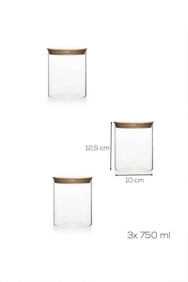 Porsima 1-3 Bambu Vakumlu Kapaklı Yuvarlak Borosilikat Cam 3lü Kavanoz Seti Saklama Kabı 750ml 10x12cm