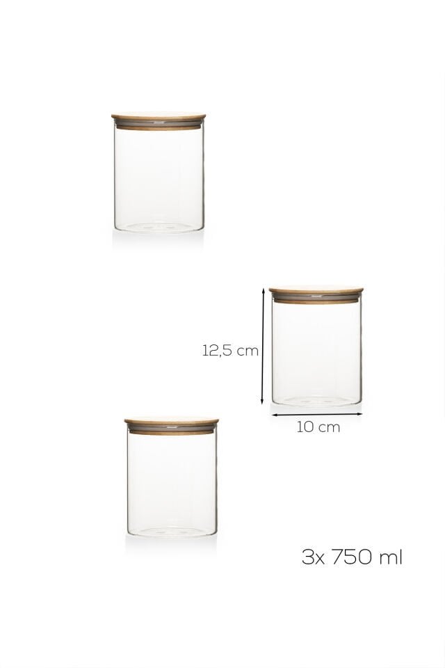 Porsima 1-3 Bambu Vakumlu Kapaklı Yuvarlak Borosilikat Cam 3lü Kavanoz Seti Saklama Kabı 750ml 10x12cm