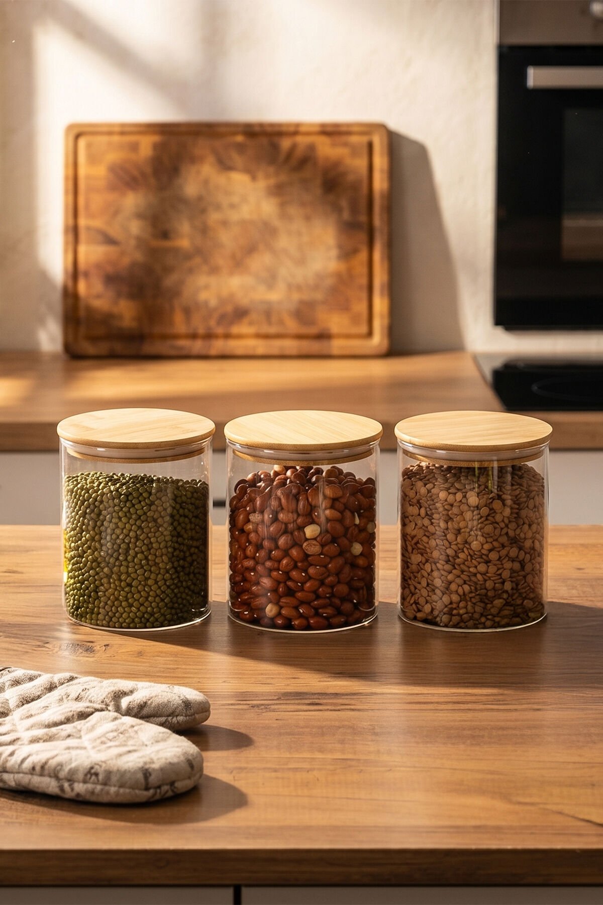 Porsima 1-3 Bambu Vakumlu Kapaklı Yuvarlak Borosilikat Cam 3lü Kavanoz Seti Saklama Kabı 750ml 10x12cm