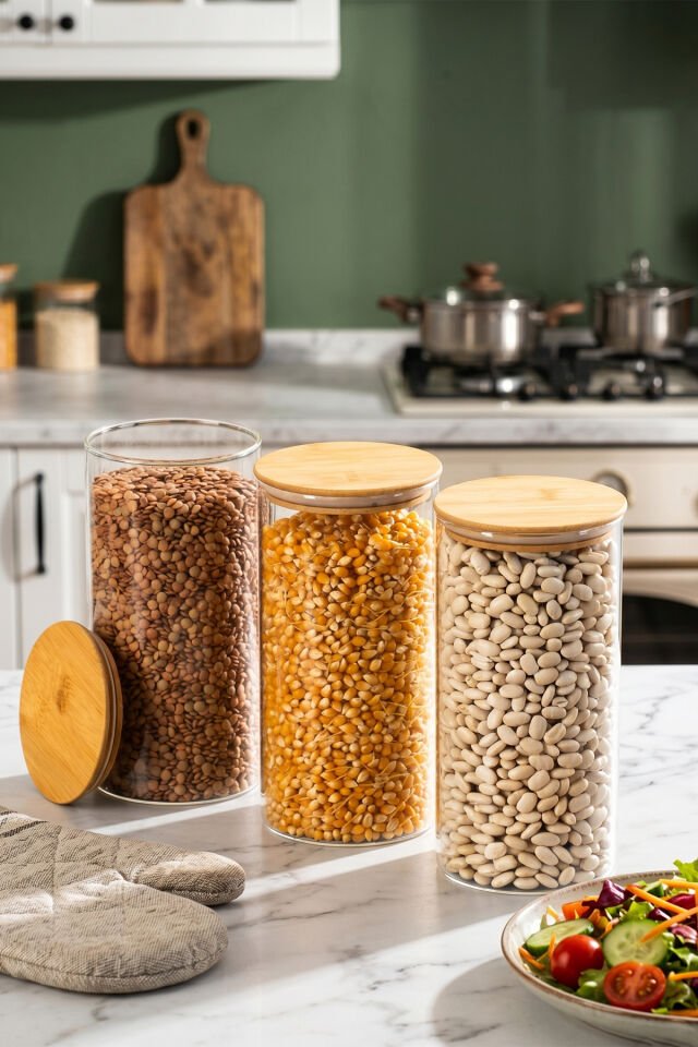 Porsima 2-3 Bambu Vakumlu Kapaklı Yuvarlak Borosilikat Cam 3lü Kavanoz Seti Saklama Kabı 1300ml 10x20cm