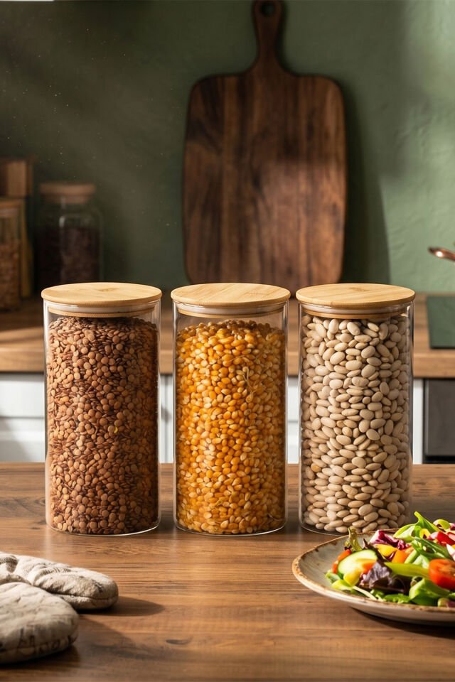 Porsima 2-3 Bambu Vakumlu Kapaklı Yuvarlak Borosilikat Cam 3lü Kavanoz Seti Saklama Kabı 1300ml 10x20cm