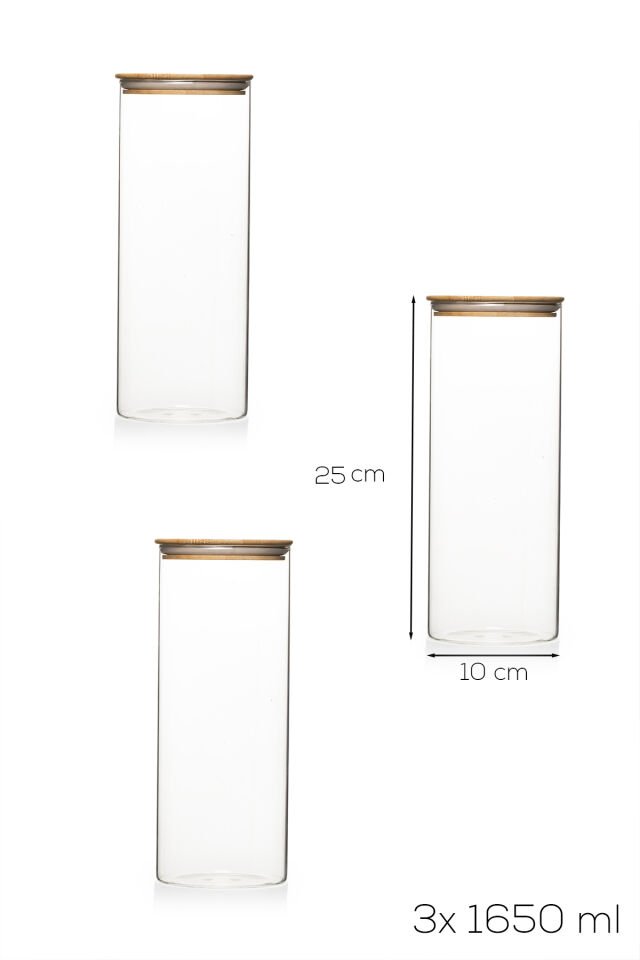 Porsima 3-3 Bambu Vakumlu Kapaklı Yuvarlak Borosilikat Cam 3lü Kavanoz Seti Saklama Kabı 1650ml 10x25cm