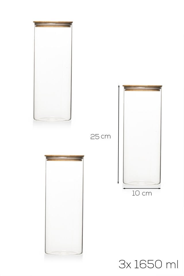 Porsima 3-3 Bambu Vakumlu Kapaklı Yuvarlak Borosilikat Cam 3lü Kavanoz Seti Saklama Kabı 1650ml 10x25cm