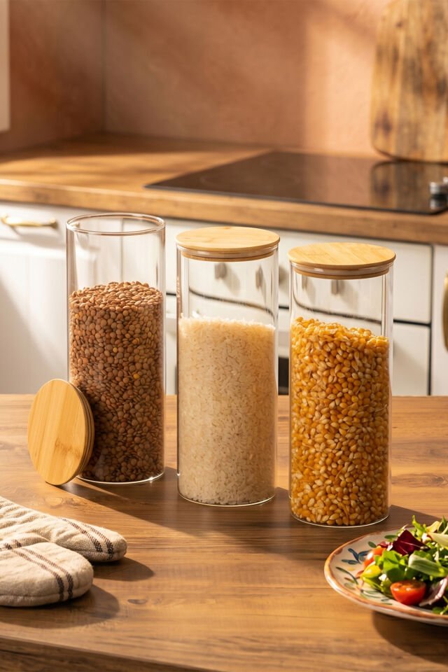 Porsima 3-3 Bambu Vakumlu Kapaklı Yuvarlak Borosilikat Cam 3lü Kavanoz Seti Saklama Kabı 1650ml 10x25cm