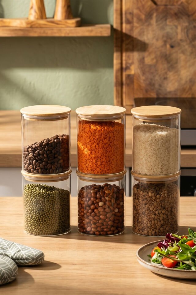 Porsima 1-3 Bambu Vakumlu Kapaklı Yuvarlak Borosilikat Cam 6lı Kavanoz Seti Saklama Kabı 750ml 10x12cm