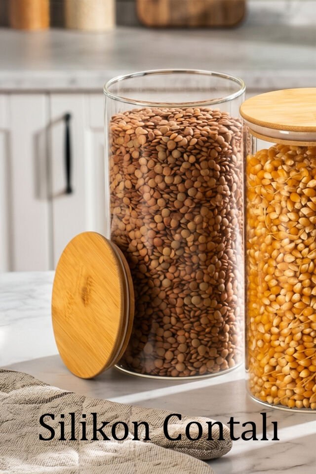 Porsima 2-3 Bambu Vakumlu Kapaklı Yuvarlak Borosilikat Cam 6lı Kavanoz Seti Saklama Kabı 1300ml 10x20cm