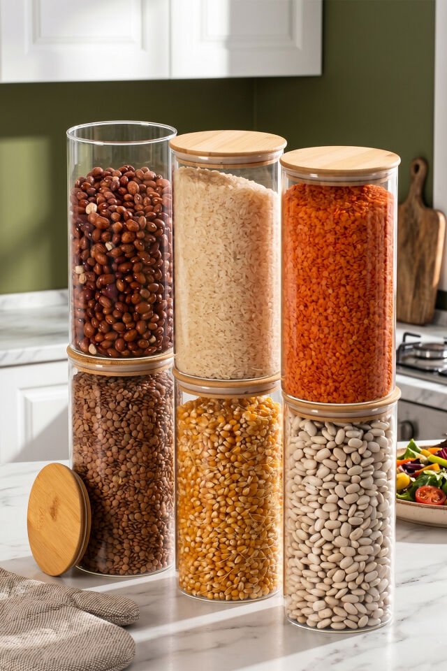 Porsima 2-3 Bambu Vakumlu Kapaklı Yuvarlak Borosilikat Cam 6lı Kavanoz Seti Saklama Kabı 1300ml 10x20cm