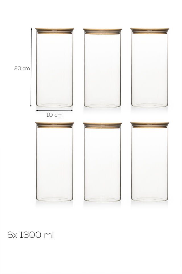 Porsima 2-3 Bambu Vakumlu Kapaklı Yuvarlak Borosilikat Cam 6lı Kavanoz Seti Saklama Kabı 1300ml 10x20cm