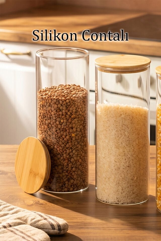 Porsima 3-3 Bambu Vakumlu Kapaklı Yuvarlak Cam 6lı Kavanoz Seti Saklama Kabı 1650ml 10x25cm