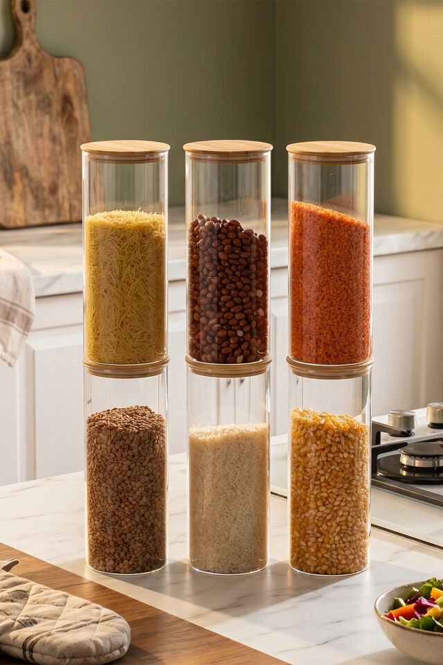 Porsima 3-3 Bambu Vakumlu Kapaklı Yuvarlak Cam 6lı Kavanoz Seti Saklama Kabı 1650ml 10x25cm
