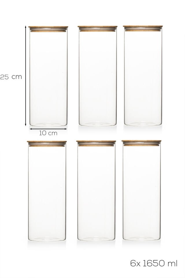 Porsima 3-3 Bambu Vakumlu Kapaklı Yuvarlak Cam 6lı Kavanoz Seti Saklama Kabı 1650ml 10x25cm