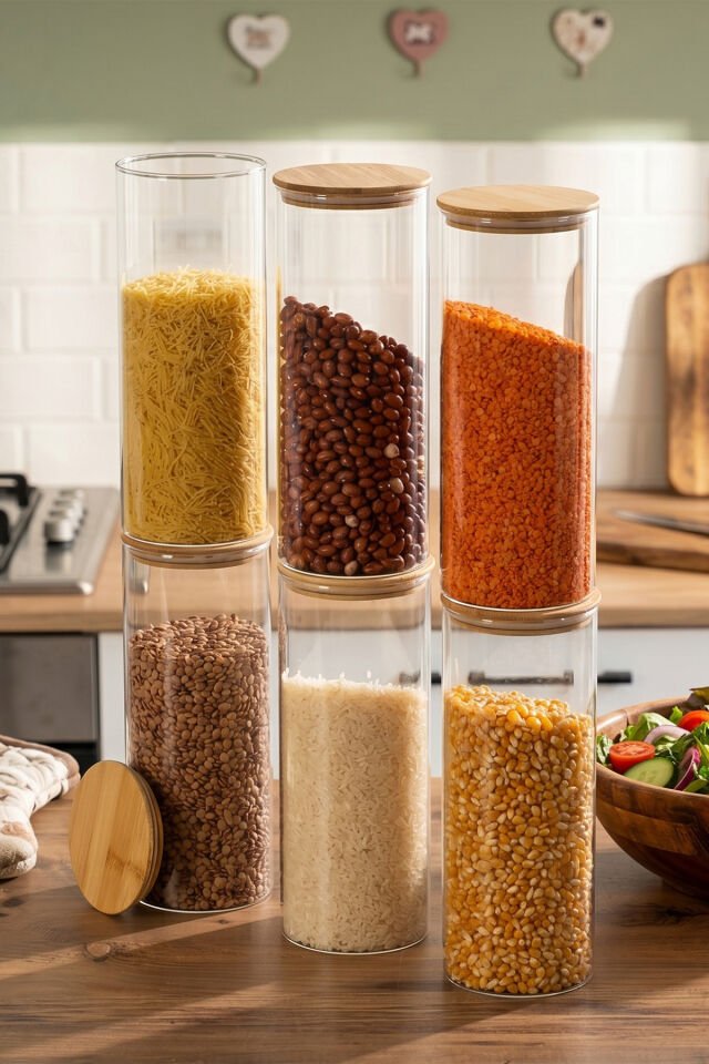 Porsima 3-3 Bambu Vakumlu Kapaklı Yuvarlak Cam 6lı Kavanoz Seti Saklama Kabı 1650ml 10x25cm