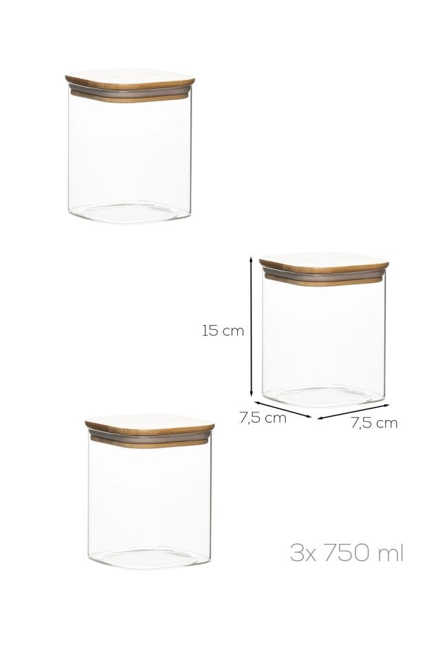 Porsima 5-3 Bambu Vakumlu Kapaklı Kare Borsilikat Cam 3lü Kavanoz Seti Saklama Kabı 750ml 7,5x15cm