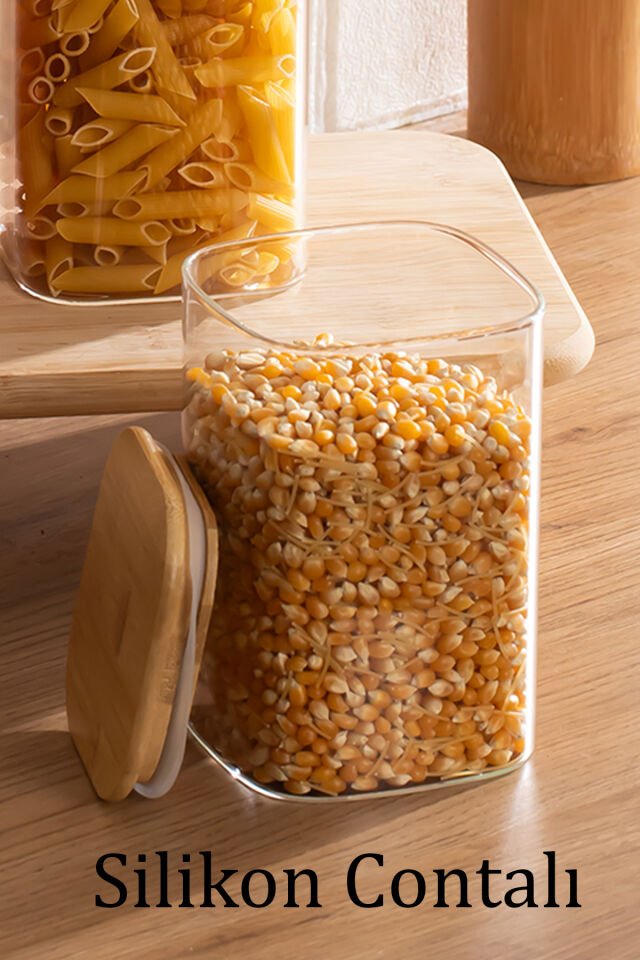 Porsima 6-3 Bambu Vakumlu Kapaklı Kare Borsilikat Cam 3lü Kavanoz Seti Saklama Kabı 1250ml 9,5x15cm