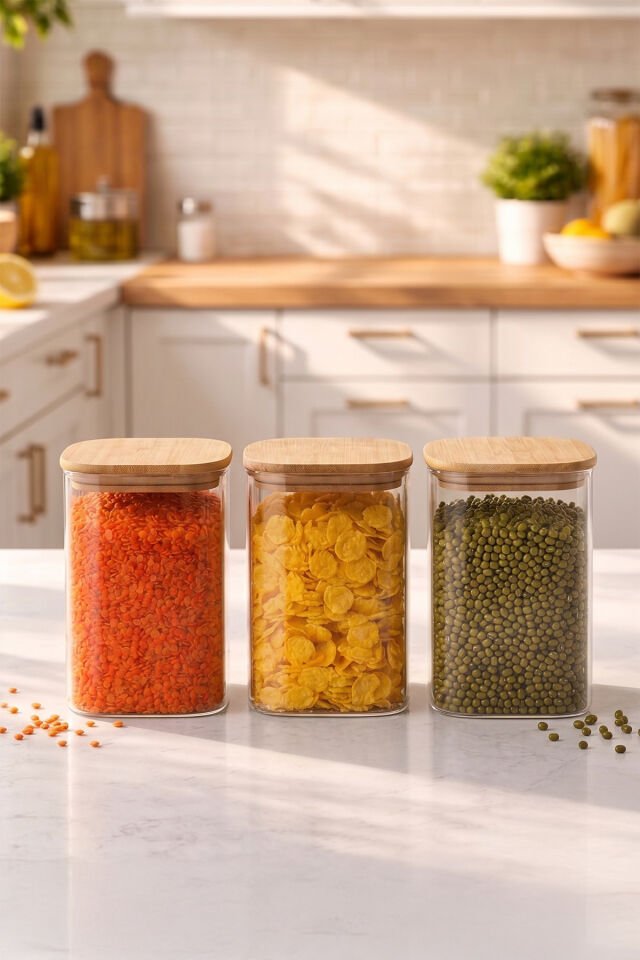 Porsima 6-3 Bambu Vakumlu Kapaklı Kare Borsilikat Cam 3lü Kavanoz Seti Saklama Kabı 1250ml 9,5x15cm